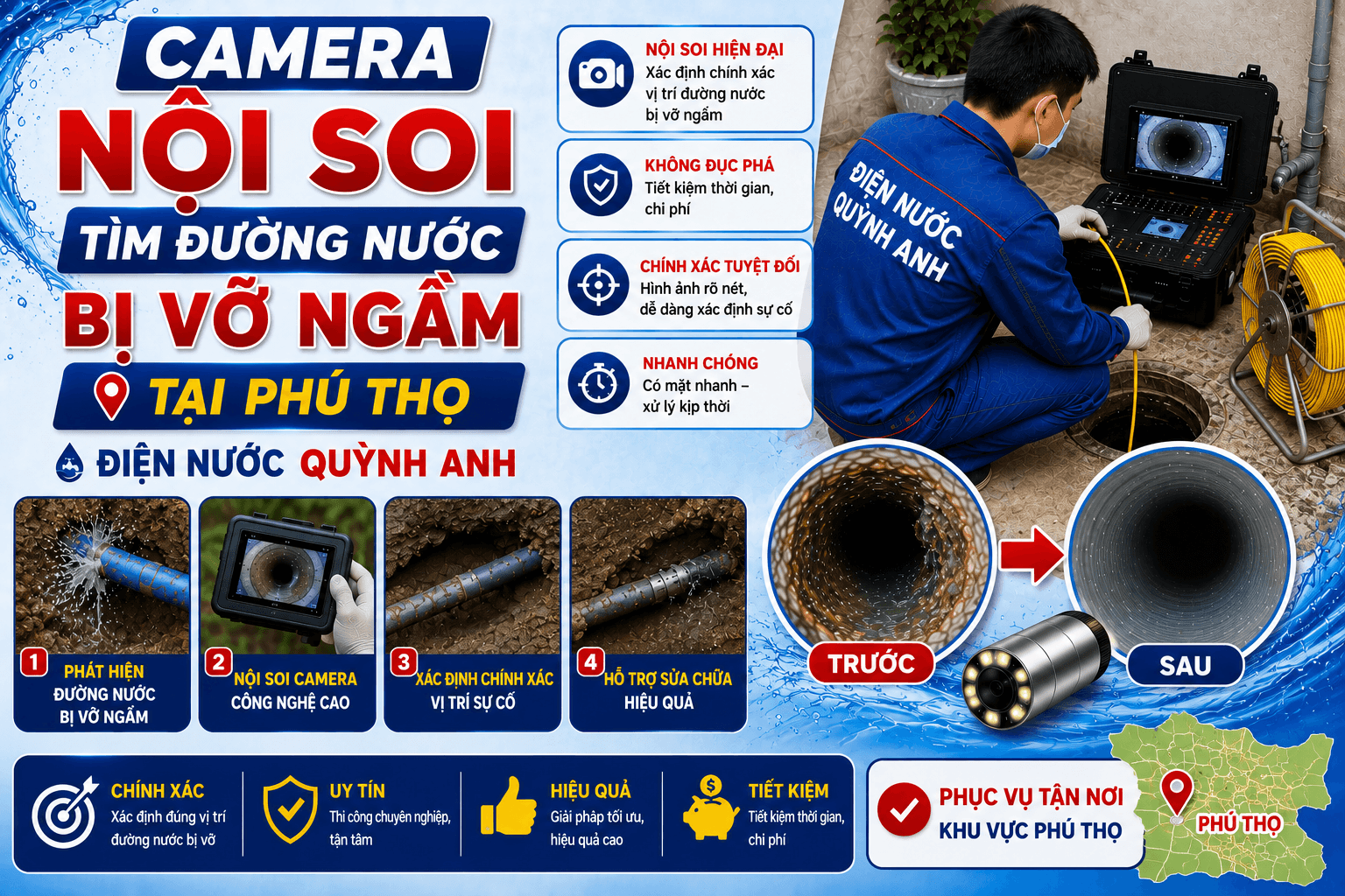 Camera Nội Soi Tìm Đường Nước Bị Vỡ Ngầm Tại Phú Thọ