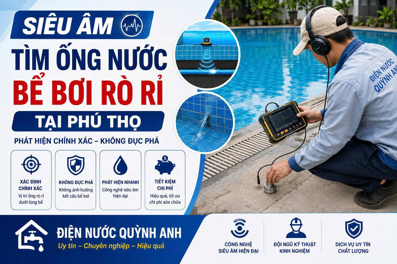 Siêu Âm Tìm Ống Nước Bể Bơi Rò Rỉ Phú Thọ