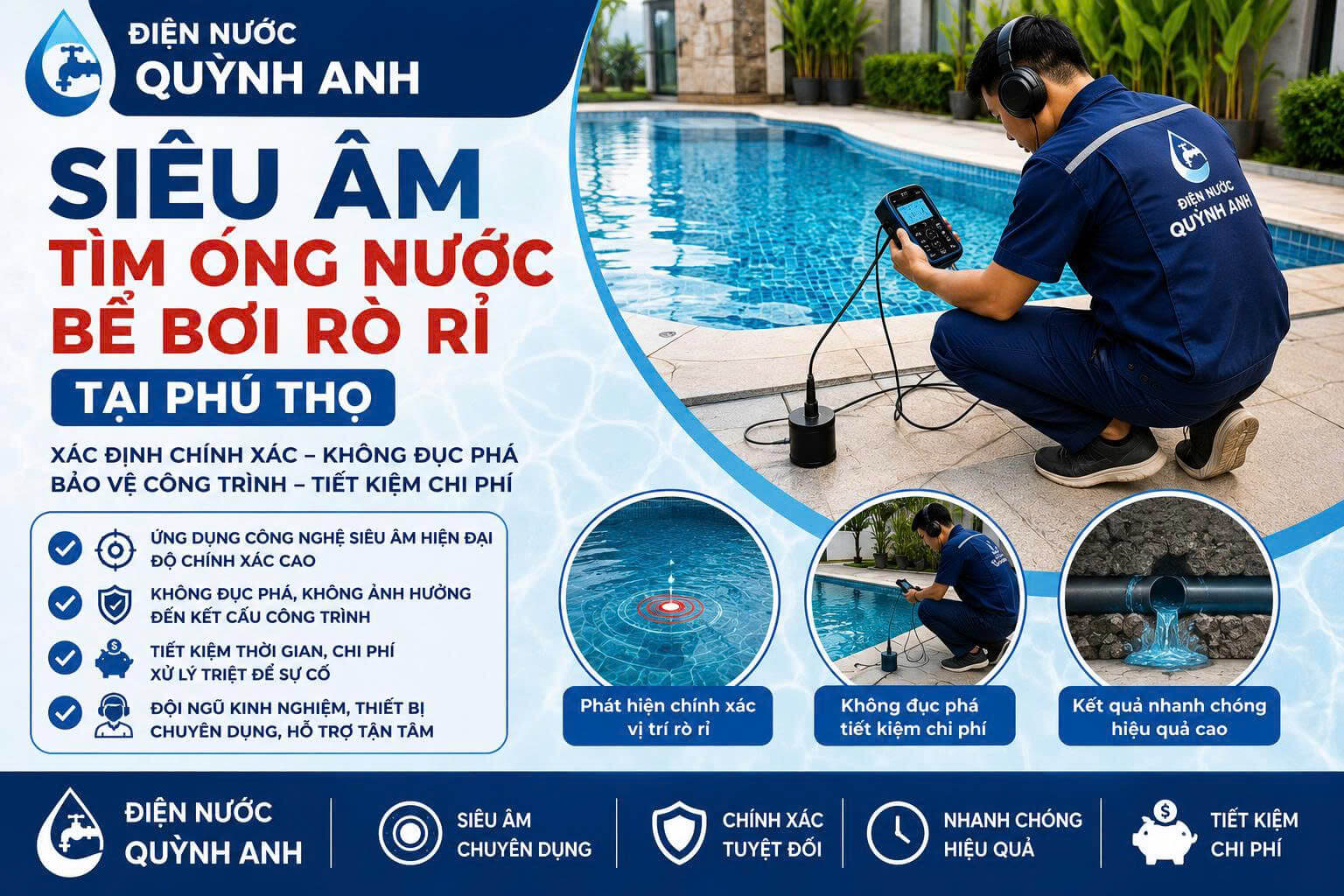 Siêu Âm Tìm Ống Nước Bể Bơi Rò Rỉ Tại Phú Thọ