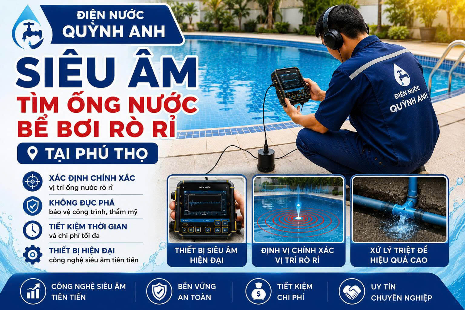 Siêu Âm Tìm Ống Nước Bể Bơi Rò Rỉ ở Phú Thọ