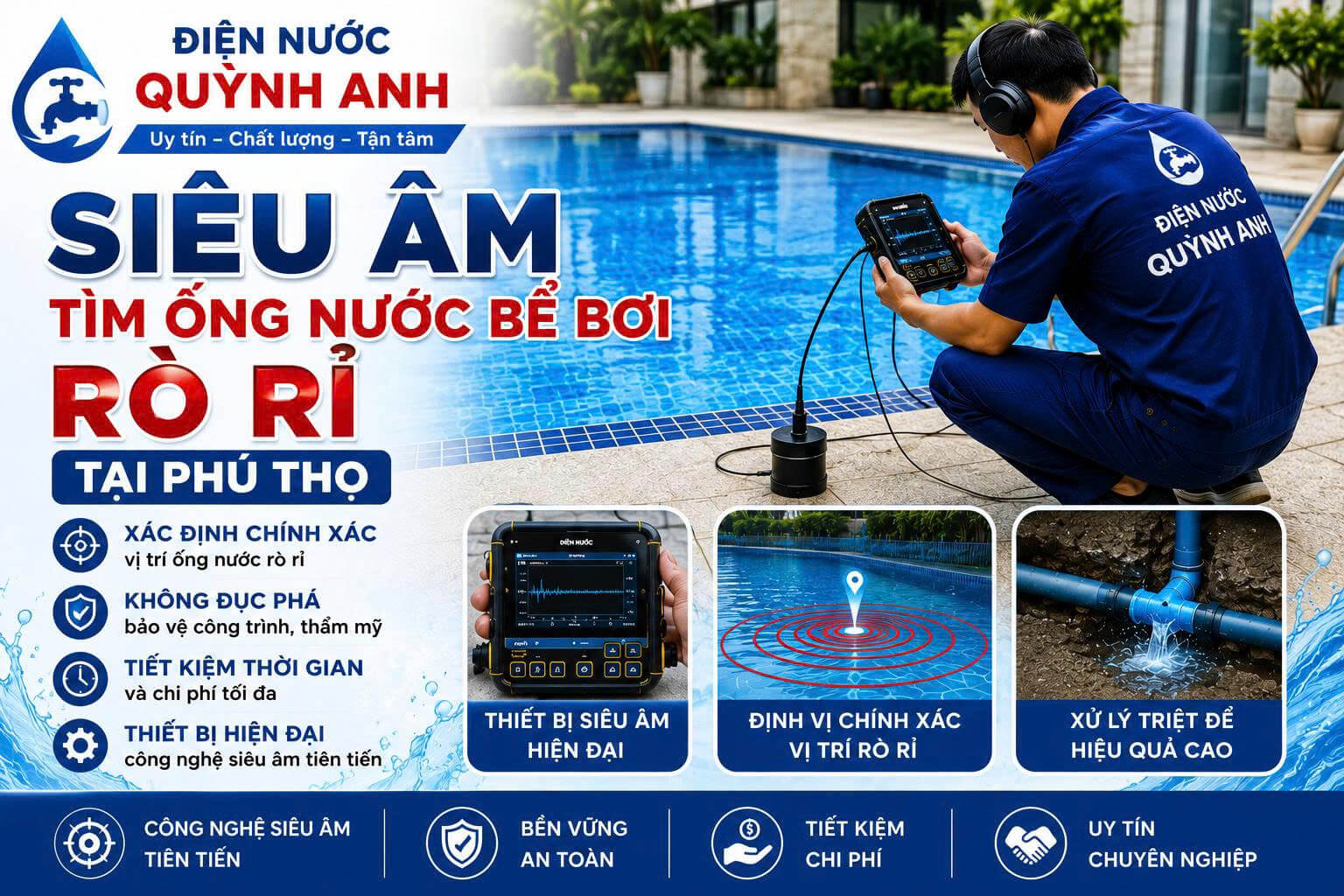 Siêu Âm Tìm Ống Nước Bể Bơi Rò Rỉ