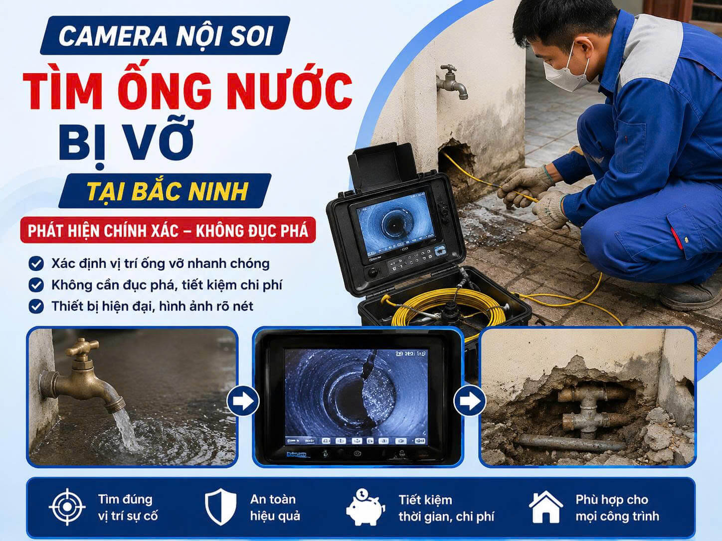 Camera Nội Soi Tìm Ống Nước Bị Vỡ ở Bắc Ninh